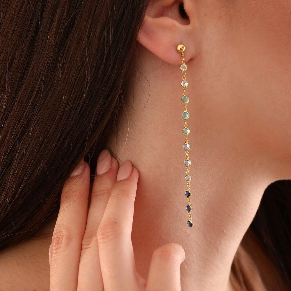 Emerald Cascade Earrings Blue Stone 14K Gold Filled Hand Chain Earrings 925K Sil